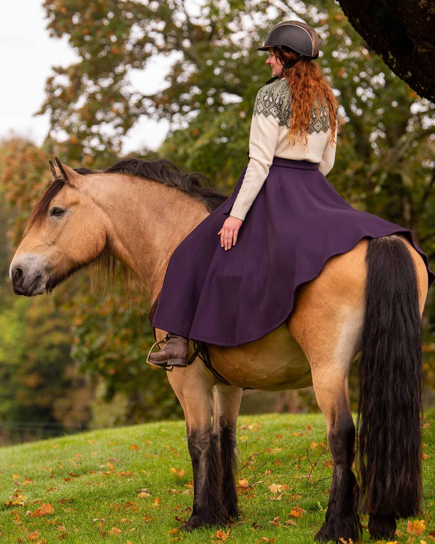 Hesten på bildet er en dølahest på 162 cm og skjørtet er M lang.